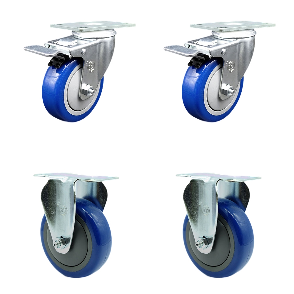 Stainless Steel Polyurethane Top Plate Caster with 4 x 1.25 in. Blue Wheels, 2 Swivel Casters with Total Locking Brake & 2 Rigid - Set of 4