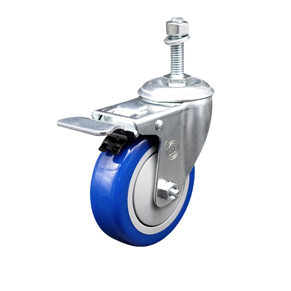 SCC-TSTTL20S414-PPUB-BLUE-381615 Polyurethane Swivel Threaded Stem Caster with 4 x 1.25 in. Blue Wheel & 0.38 in. Stem & Total Locking Brake