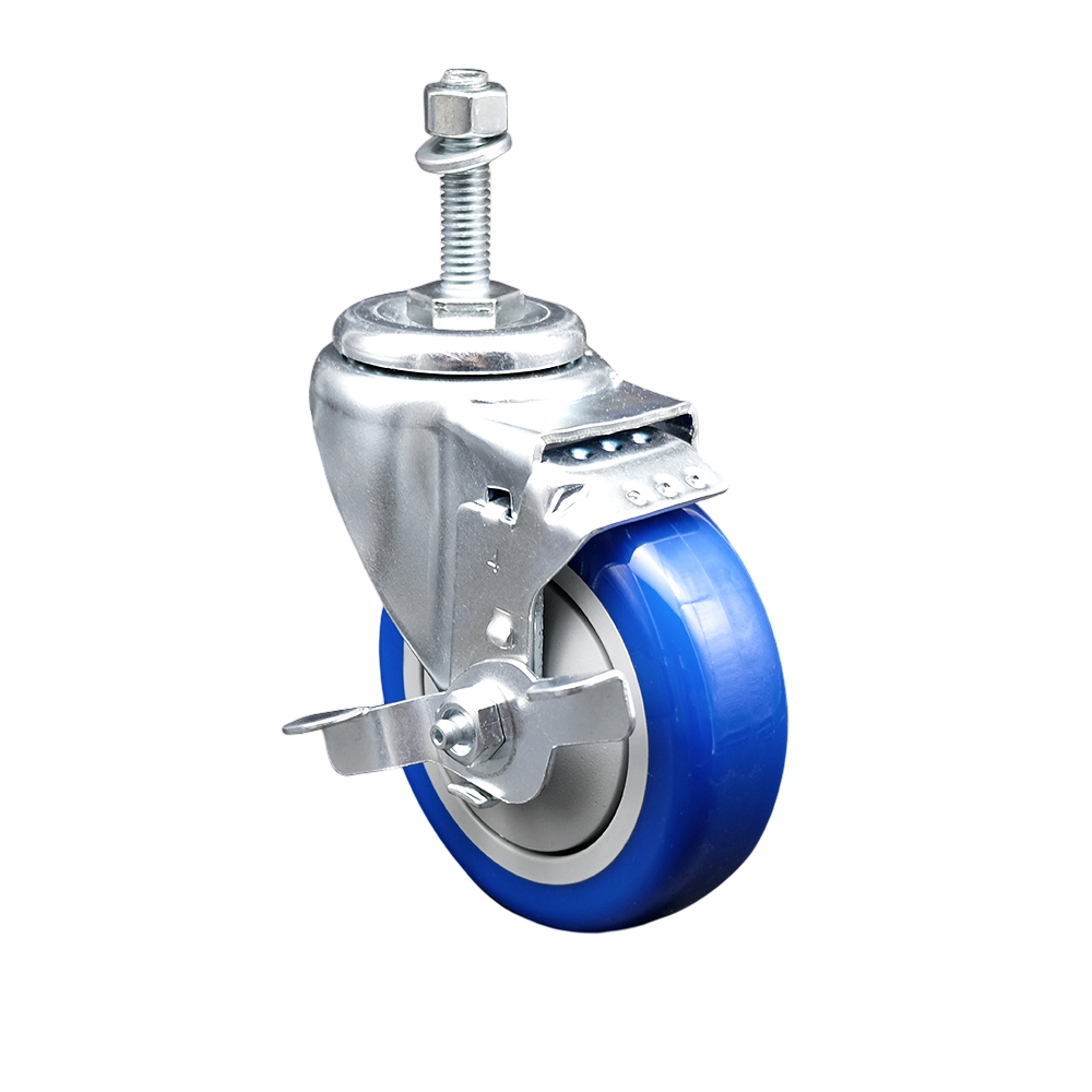 Stainless Steel Polyurethane Swivel Threaded Stem Caster with 4 x 1.25 in. Blue Wheel & 0.38 in. Stem & Top Locking Brake