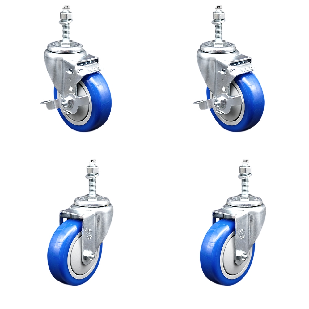 Stainless Steel Polyurethane Swivel Threaded Stem Caster with 4 x 1.25 in. Blue Wheels & 0.38 in. Stems - Set of 4