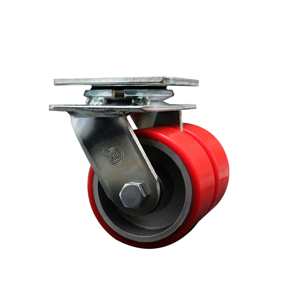 Heavy Duty Swivel Top Plate Caster with Dual 4 in. Red Polyurethane on Cast Iron Wheels & Ball Bearings - 1250 lbs Capacity per Caster