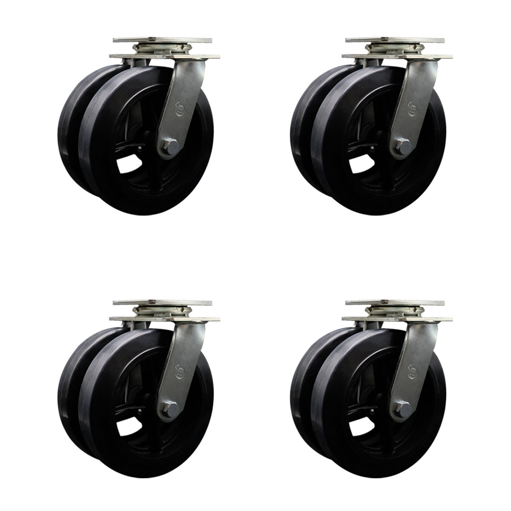 SCC-DW30CS820-RSB-4 Heavy Duty Swivel Caster with Dual 8 in. Rubber on Metal Wheels & Ball Bearings - 5000 lbs Total Capacity - Set of 4