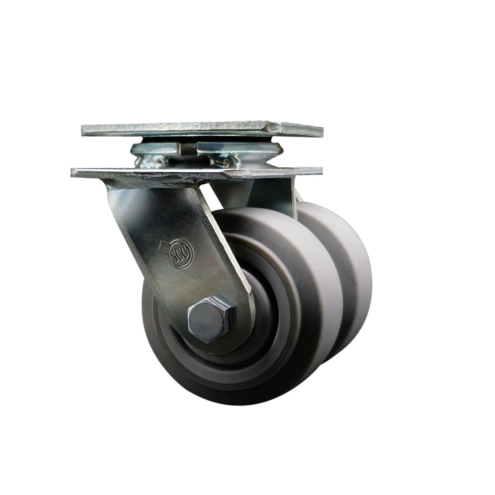 Heavy Duty Swivel Top Plate Caster with Dual 4 in. Thermoplastic Rubber Flat Tread Wheels & Ball Bearings - 600 lbs Capacity per Caster