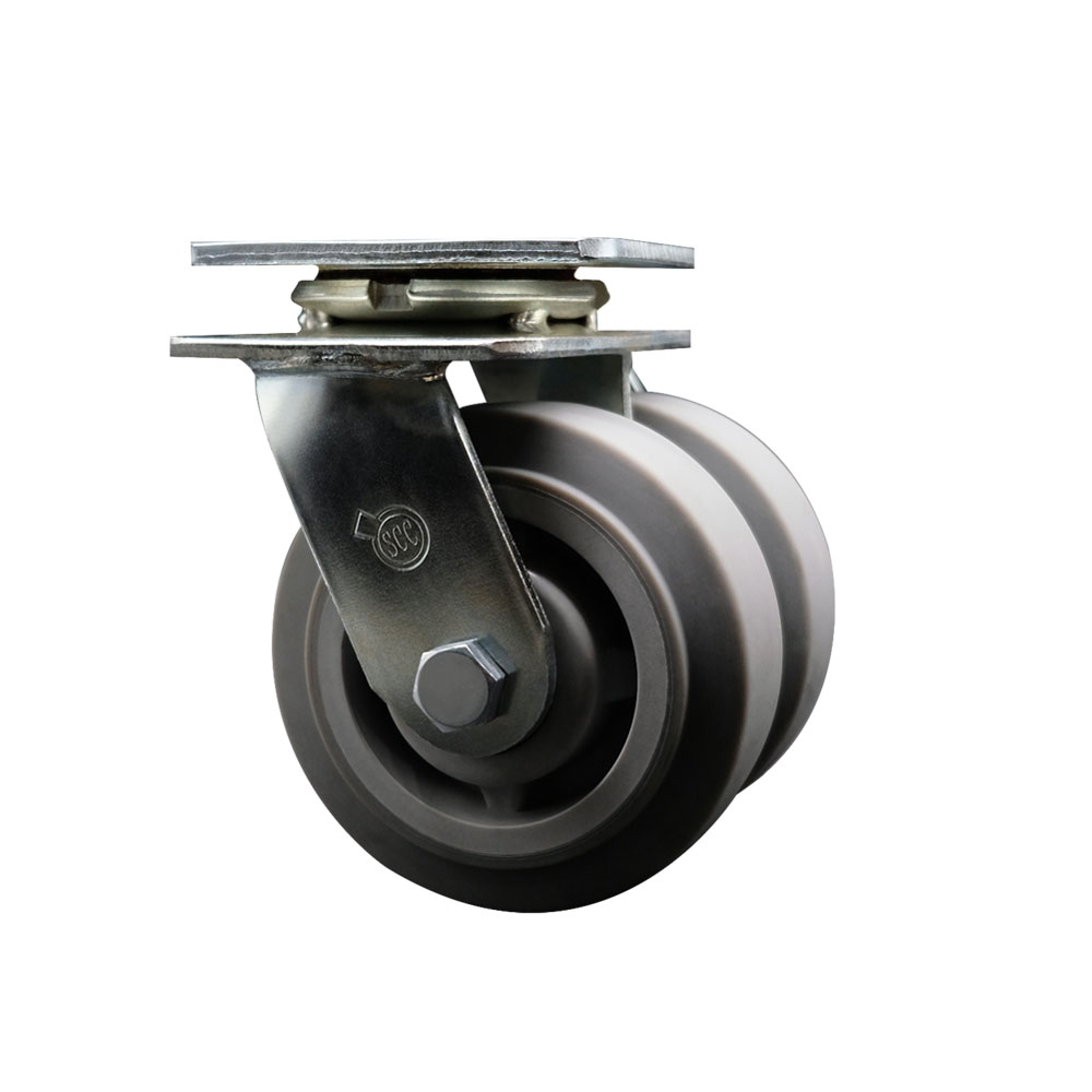 Heavy Duty Swivel Top Plate Caster with Dual 5 in. Thermoplastic Rubber Flat Tread Wheels & Ball Bearings - 700 lbs Capacity per Caster