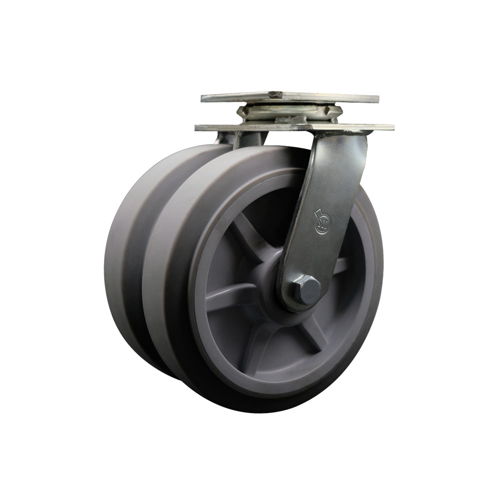 Heavy Duty Swivel Top Plate Caster with Dual 8 in. Thermoplastic Rubber Flat Tread Wheels & Ball Bearings - 1200 lbs Capacity per Caster