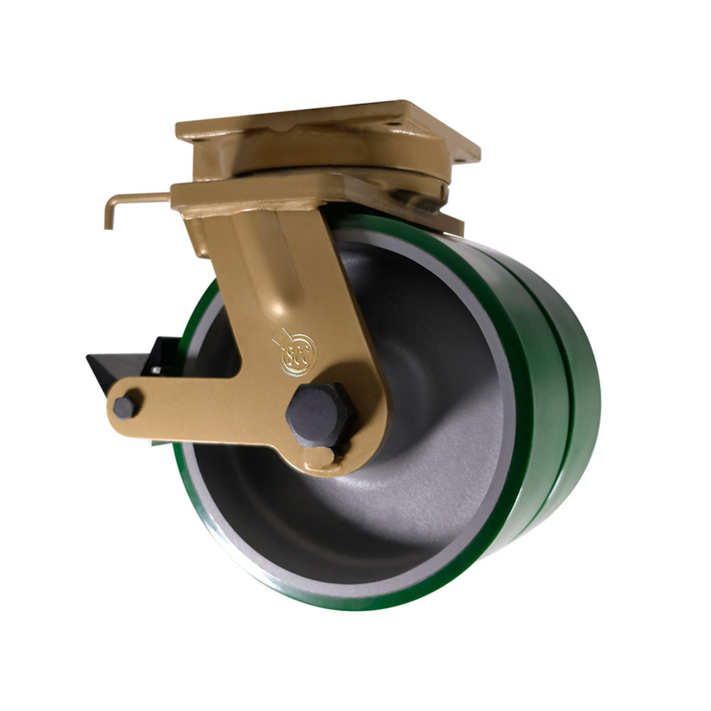 12 in. Dual Wheel Swivel Poly Caster - Green Poly Wheels with Tapered Bearings - Posi Lock Brake & Welded on Swivel Lock - Super Heavy Duty Caster