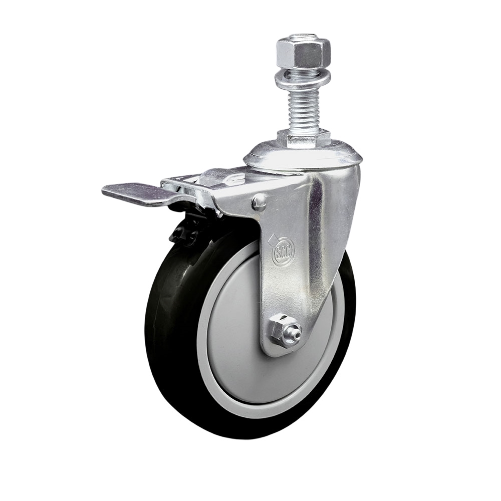 Stainless Steel Polyurethane Swivel Threaded Stem Caster with 5 x 1.25 in. Black Wheel & 0.5 in. Stem & Total Locking Brake