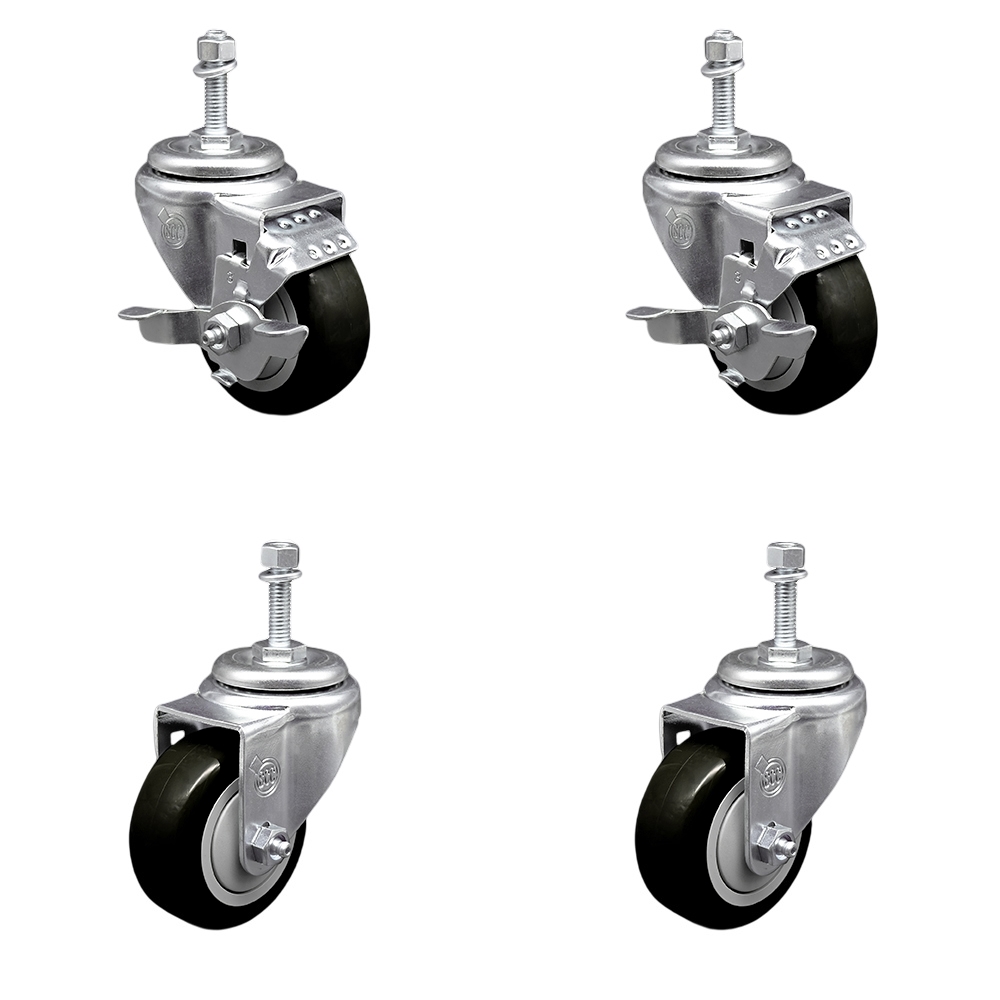 SCC-TS20S314-PPUB-BLK-TLB-381615-2-S-2 Polyurethane Swivel Threaded Stem Caster with 3 x 1.25 in. Black Wheels & 0.38 in. Stems - Set of 4