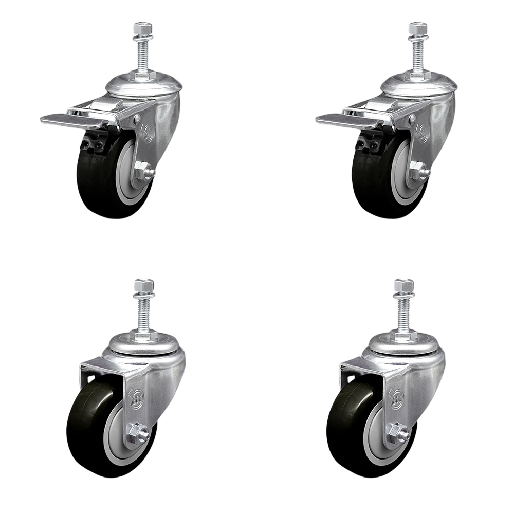 SCC-TSTTL20S3514-PPUB-BLK-381615-2-S-2 Polyurethane Swivel Threaded Stem Caster with 3.5 x 1.25 in. Black Wheels & 0.38 in. Stems - Set of 4