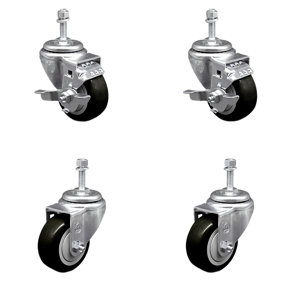 Stainless Steel Polyurethane Swivel Threaded Stem Caster with 3.5 x 1.25 in. Black Wheels & 0.38 in. Stems - Set of 4