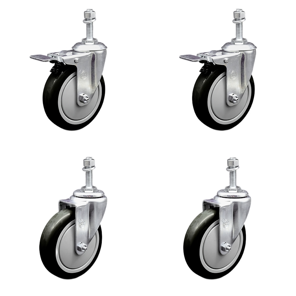 Stainless Steel Polyurethane Swivel Threaded Stem Caster with 5 x 1.25 in. Black Wheels & 0.38 in. Stems - Set of 4