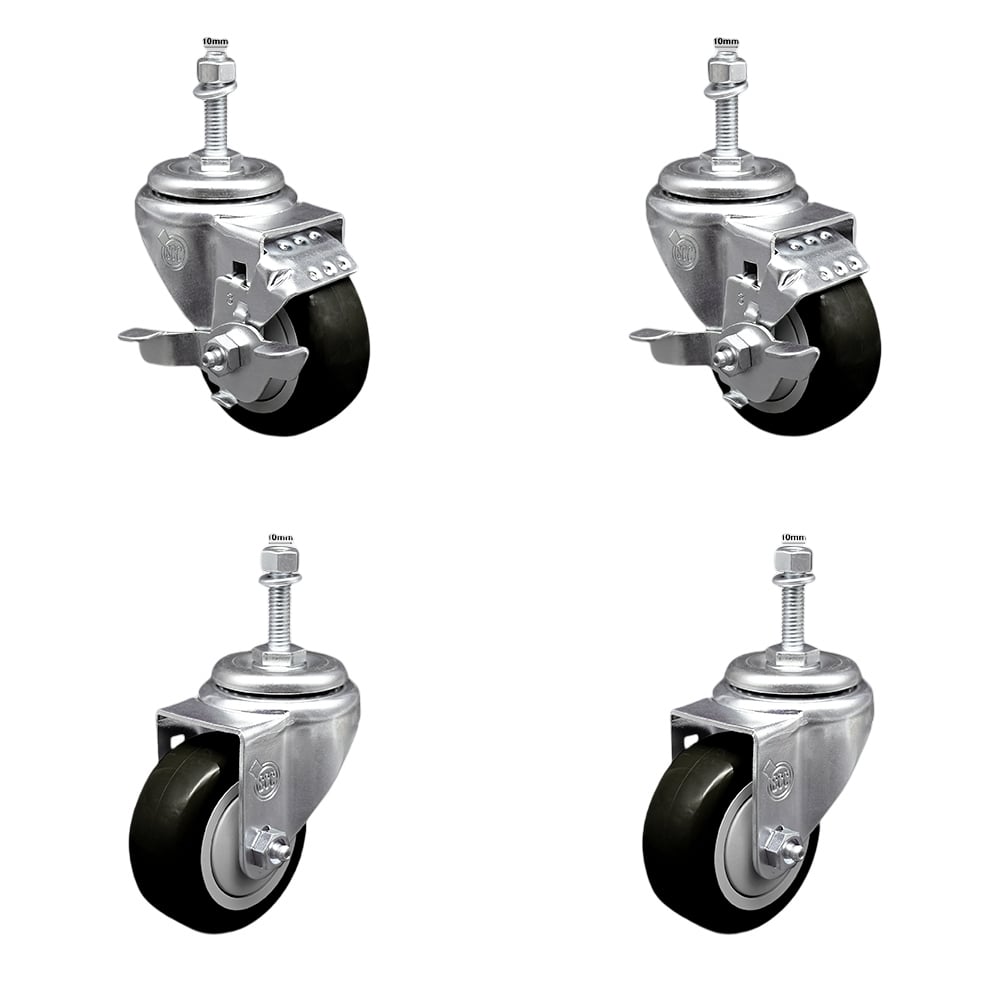 Stainless Steel Polyurethane Swivel Threaded Stem Caster with 3 x 1.25 in. Black Wheels & 10 mm Stems - Set of 4