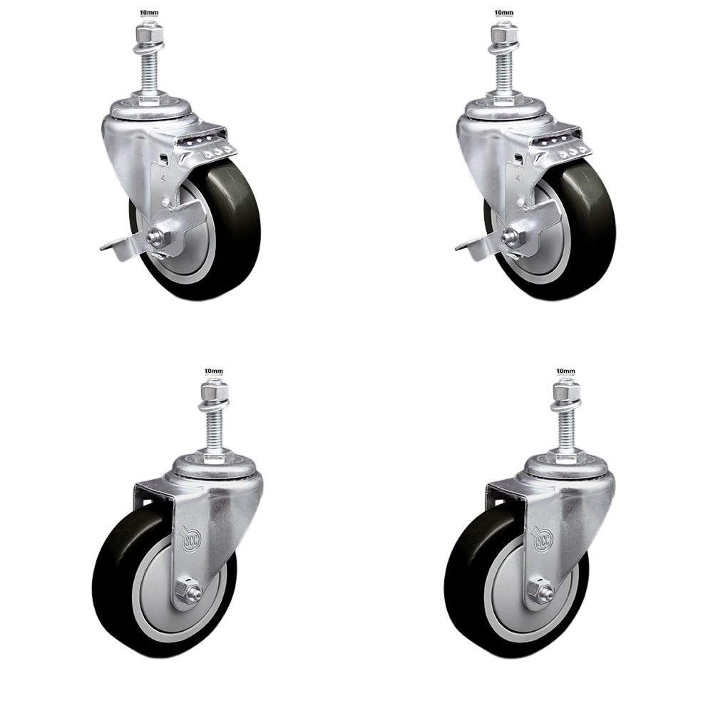 Stainless Steel Polyurethane Swivel Threaded Stem Caster with 4 x 1.25 in. Black Wheels & 10 mm Stems - Set of 4
