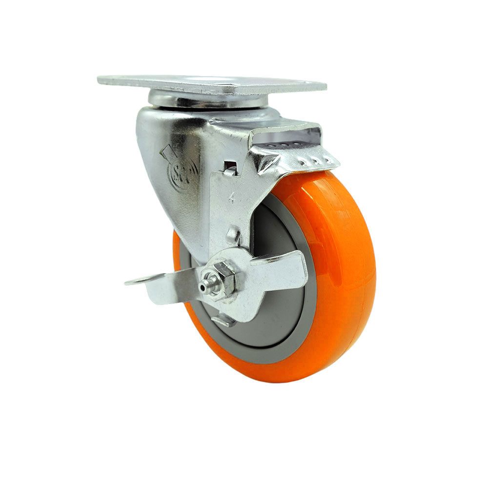 Replacement Caster for Uline Caster H-7448SWB - Stainless Steel Swivel Top Plate Caster with 4 in. Orange Polyurethane Wheel & Top Lock Brake
