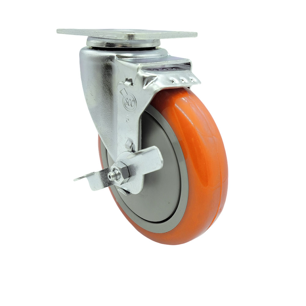 Replacement Caster for Uline Caster H-7449SWB - Stainless Steel Swivel Top Plate Caster with 5 in. Orange Polyurethane Wheel & Top Lock Brake