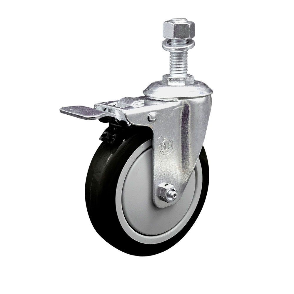 Stainless Steel Polyurethane Swivel Threaded Stem Caster with 5 x 1.25 in. Black Wheel & 12 mm Stem & Total Locking Brake