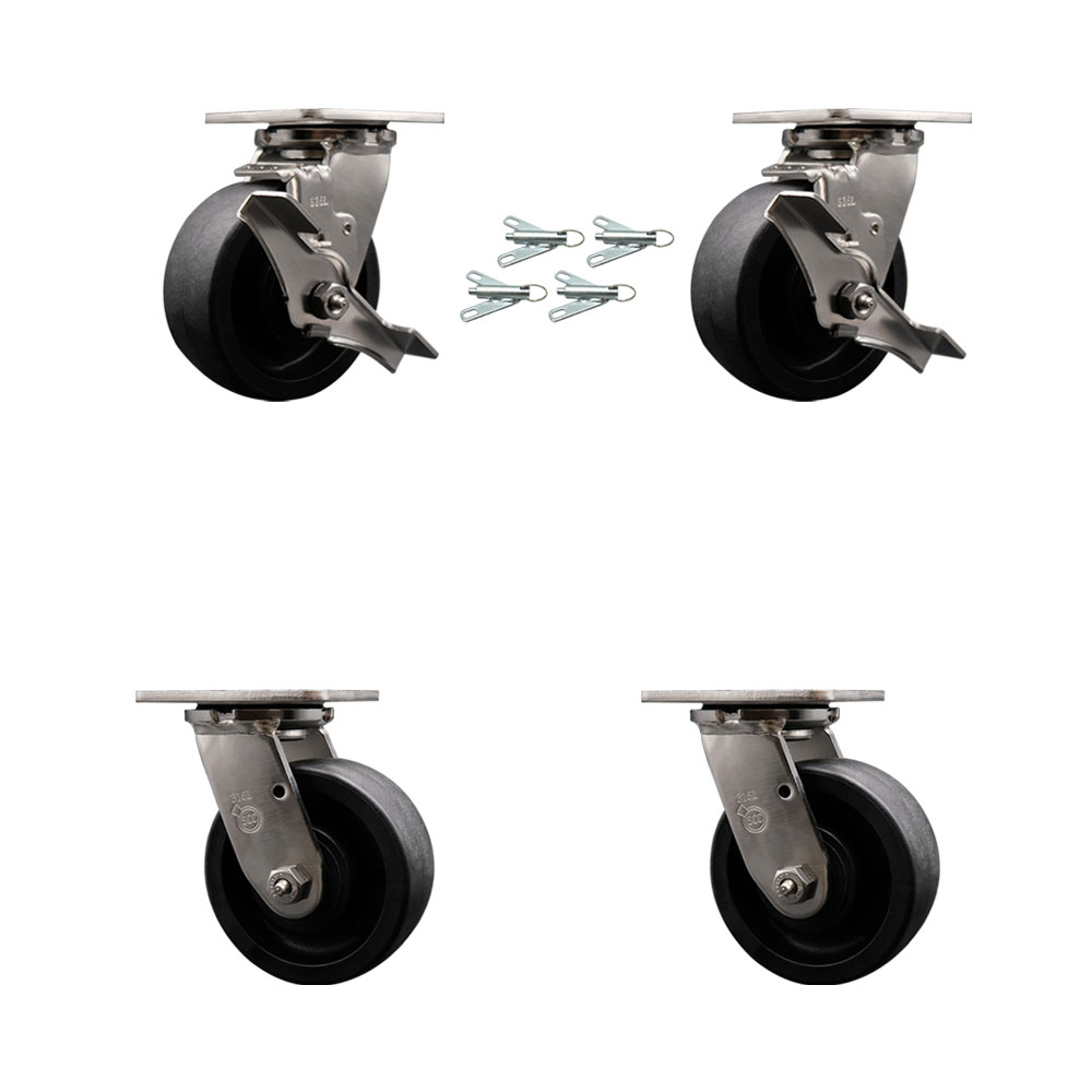 SCC-SS31630S520-GFNB-TLB-BSL-2-BSL-2 316 Stainless Steel Heavy Duty Swivel Caster Set with 5 in. Glass Filled Nylon Wheels & Ball Bearing
