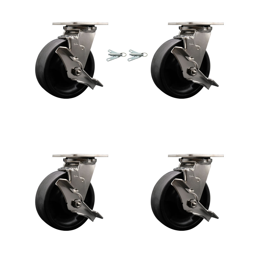 SCC-SS31630S620-GFNB-TLB-BSL-2-TLB-2 316 Stainless Steel Heavy Duty Swivel Caster Set with 6 in. Glass Filled Nylon Wheels & Ball Bearing