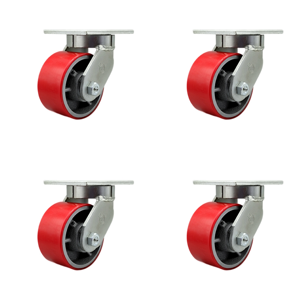 Extra Heavy Duty 6 x 3 in. Red Poly on Cast Iron Swivel Caster Set for Cranes, Gantries, Hoists & Winches - Set of 4 - 2000 lbs per Caster
