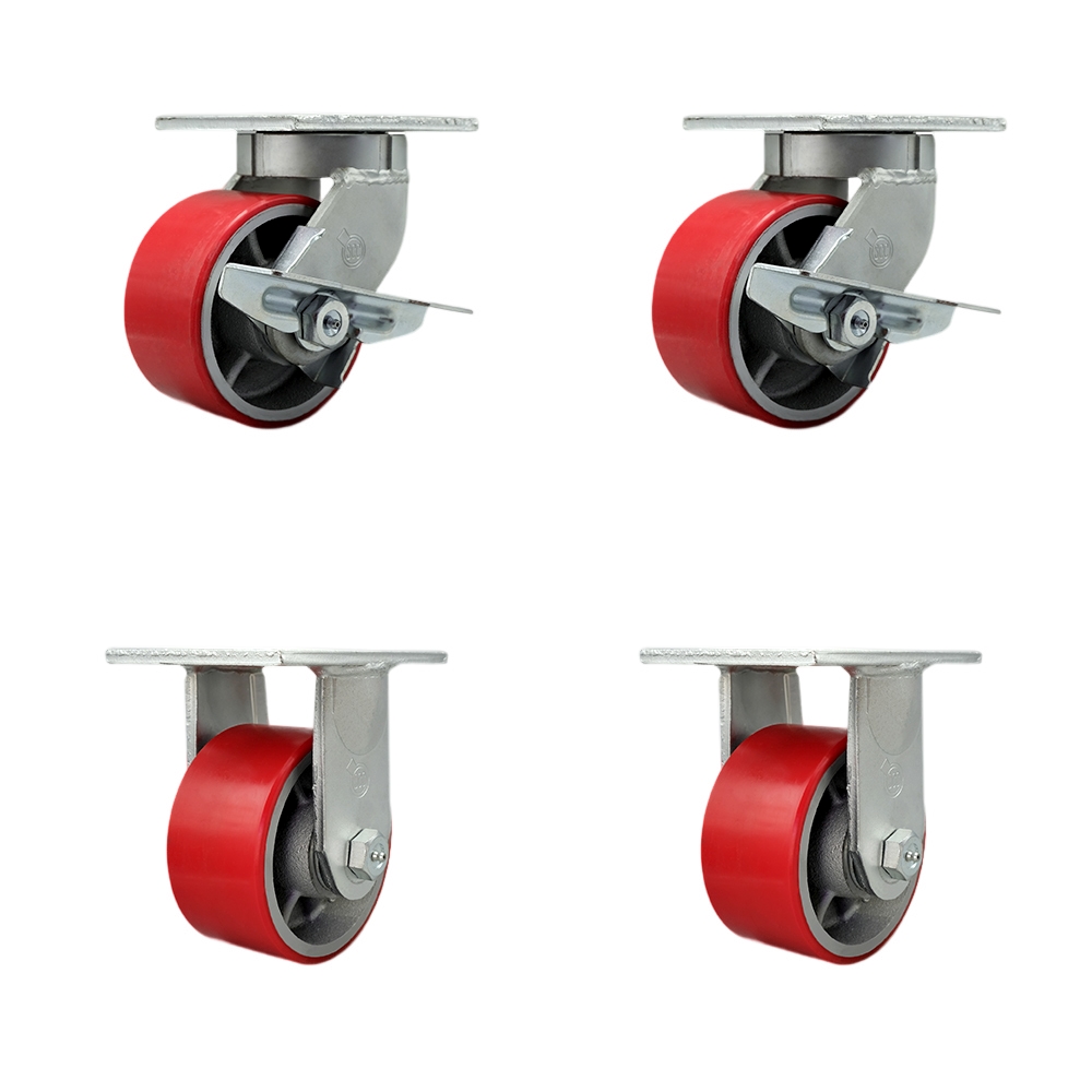 Extra Heavy Duty 6 x 3 in. Red Poly on Cast Iron Swivel Caster Set for Cranes, Gantries, Hoists & Winches - Set of 4 - 2000 lbs per Caster