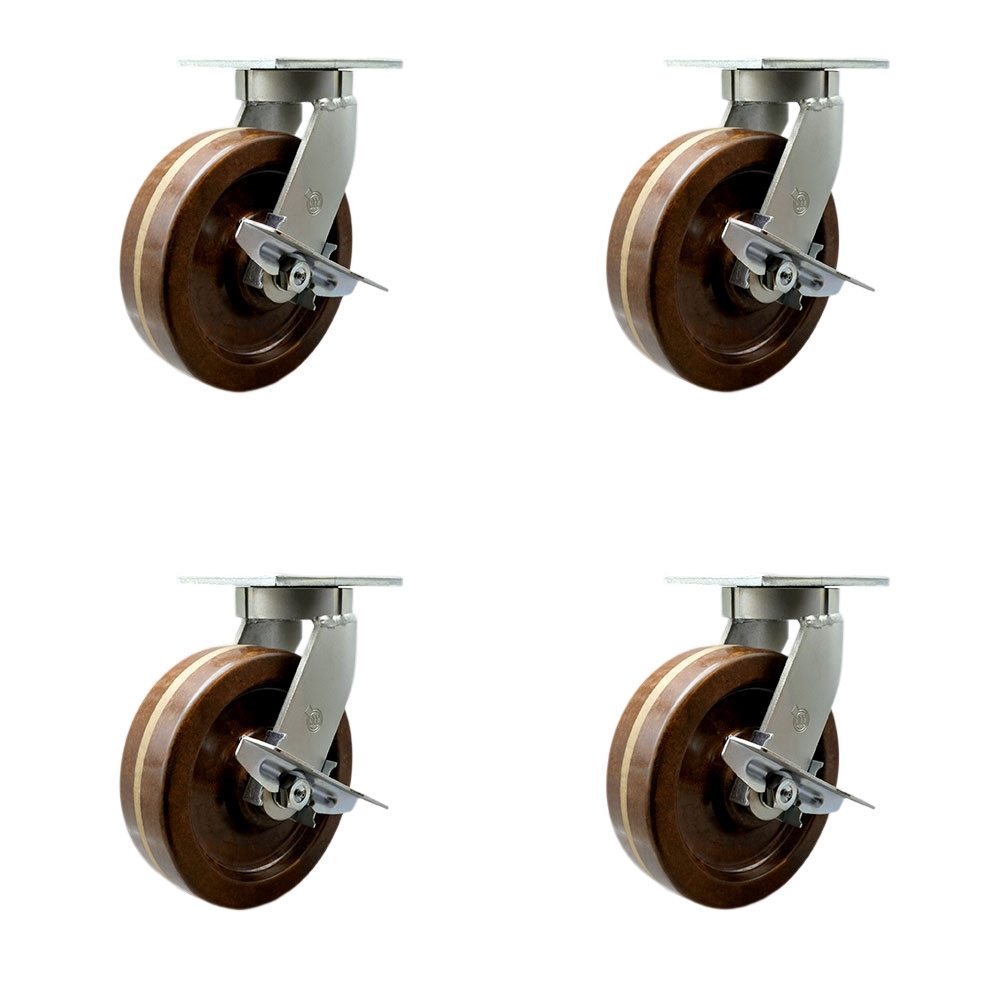 Extra Heavy Duty 8 x 3 in. High Temperature Swivel Caster Set for Cranes, Gantries, Hoists & Winches - Set of 4 - 2500 lbs per Caster