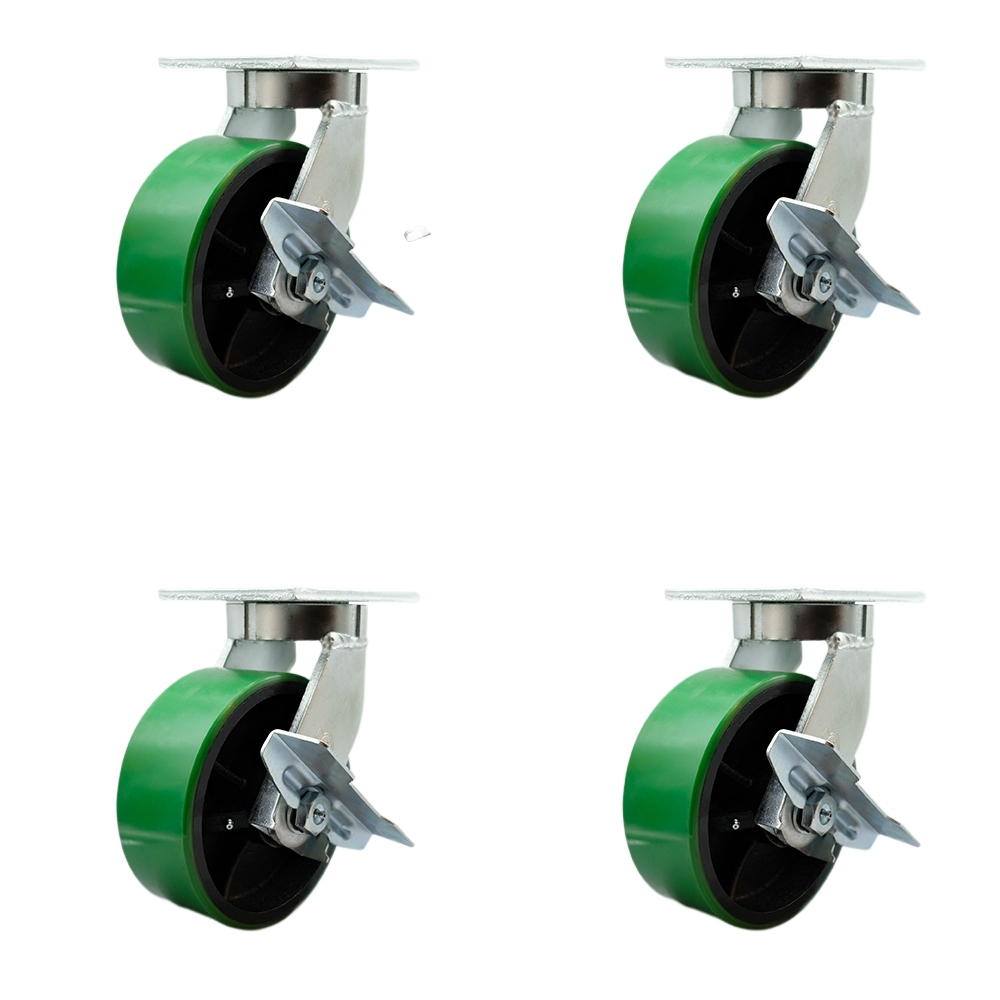 Extra Heavy Duty 8 x 3 in. Green Poly on Cast Iron Swivel Caster Set for Cranes, Gantries, Hoists & Winches - Set of 4 - 2500 lbs per Caster