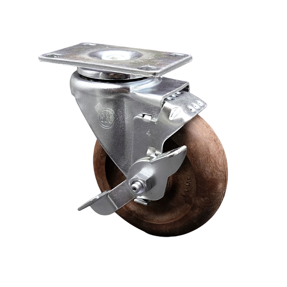 Stainless Steel High Temperature Glass Filled Nylon Swivel Top Plate Swivel Caster with 4 x 1.25 in. Brown Wheel & Top Locking Brake