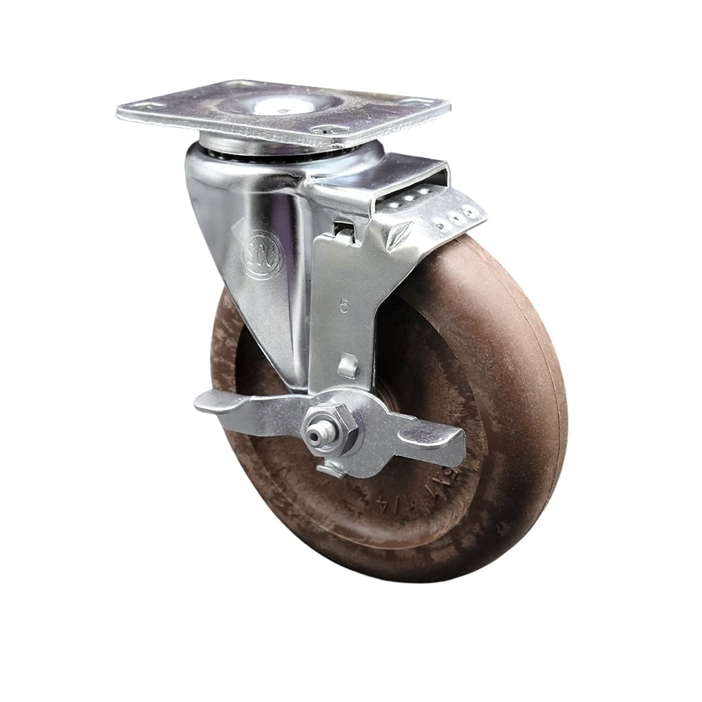 Stainless Steel High Temperature Glass Filled Nylon Swivel Top Plate Swivel Caster with 5 x 1.25 in. Brown Wheel & Top Locking Brake