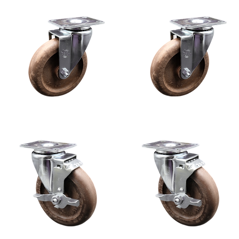 SCC-SS20S514-GFNSHT-2-TLB-2 Stainless Steel High Temperature Glass Filled Nylon Swivel Top Plate Caster with 5 x 1.25 in. Brown Wheels - Set of 4