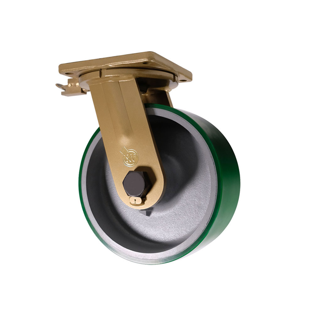 12 in. Swivel Polyurethane Caster - Green Polyurethane on Cast Iron Wheel with Tapered Bearings & Welded on Swivel Lock - Super Heavy Duty Caster