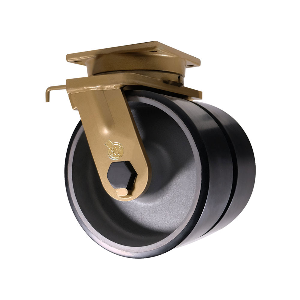 12 in. Dual Wheel Swivel Polyurethane Caster - Black Polyurethane Wheels with Tapered Bearings & Welded on Swivel Lock - Super Heavy Duty Caster
