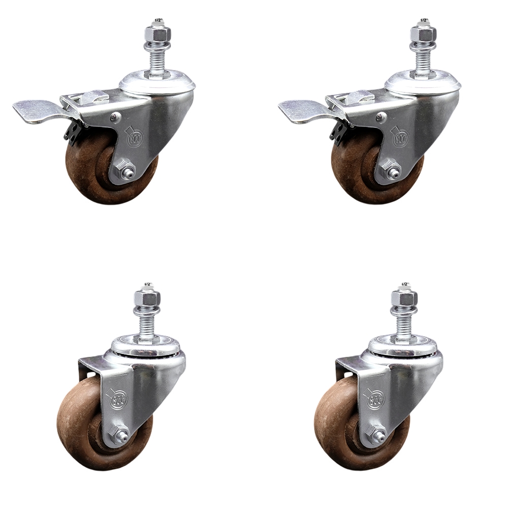 Stainless Steel High Temperature Glass Filled Nylon Swivel Threaded Stem Caster with 3 x 1.25 in. Brown Wheels & 0.5 in. Stems - Set of 4