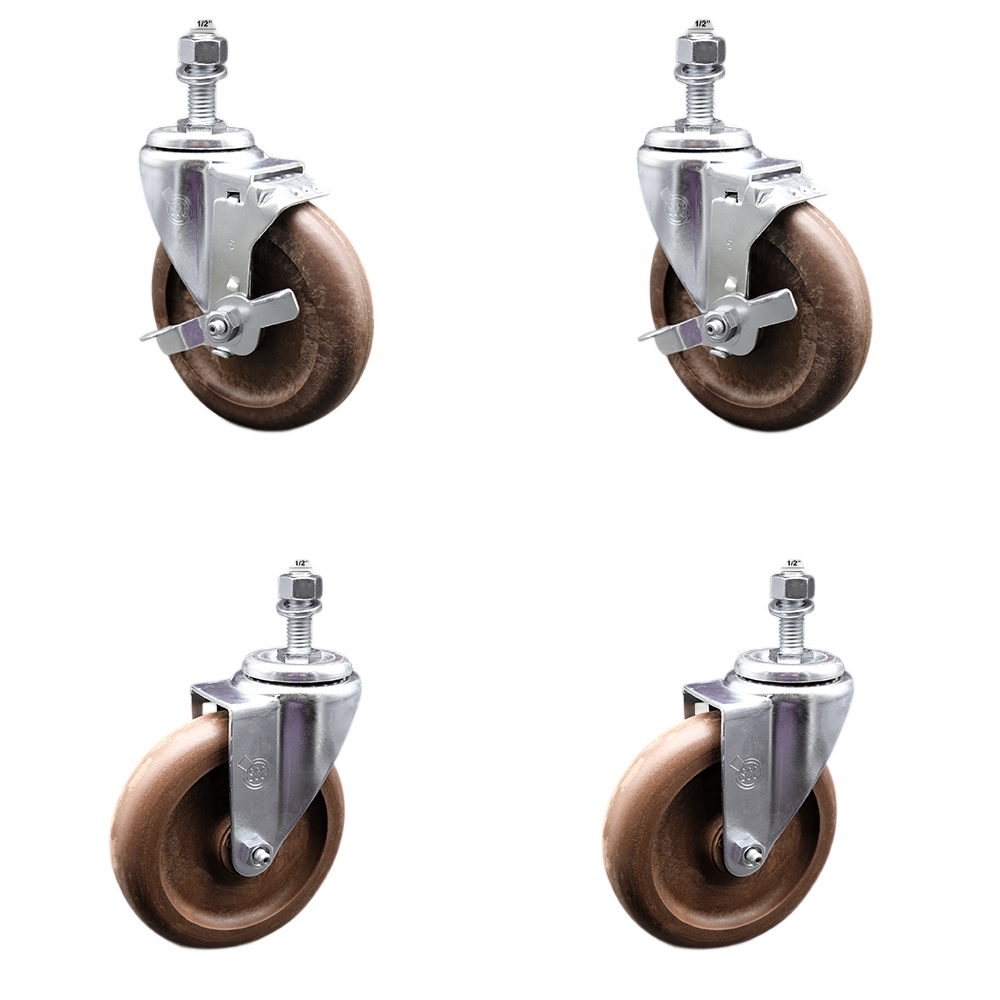 Stainless Steel High Temperature Glass Filled Nylon Swivel Threaded Stem Caster with 5 x 1.25 in. Brown Wheels & 0.5 in. Stems - Set of 4