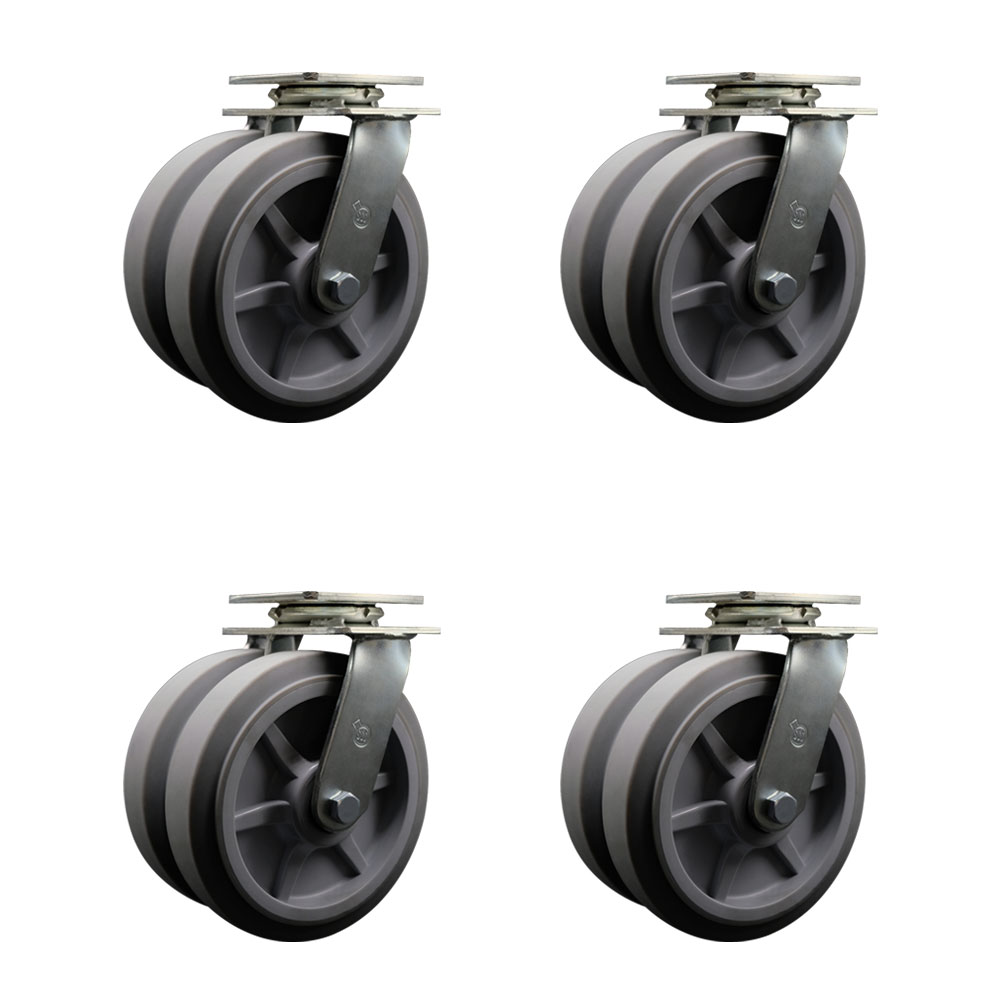 Heavy Duty Swivel Caster with Dual 8 in. Thermoplastic Rubber Flat Tread Wheels & Ball Bearings - 4800 lbs Total Capacity - Set of 4