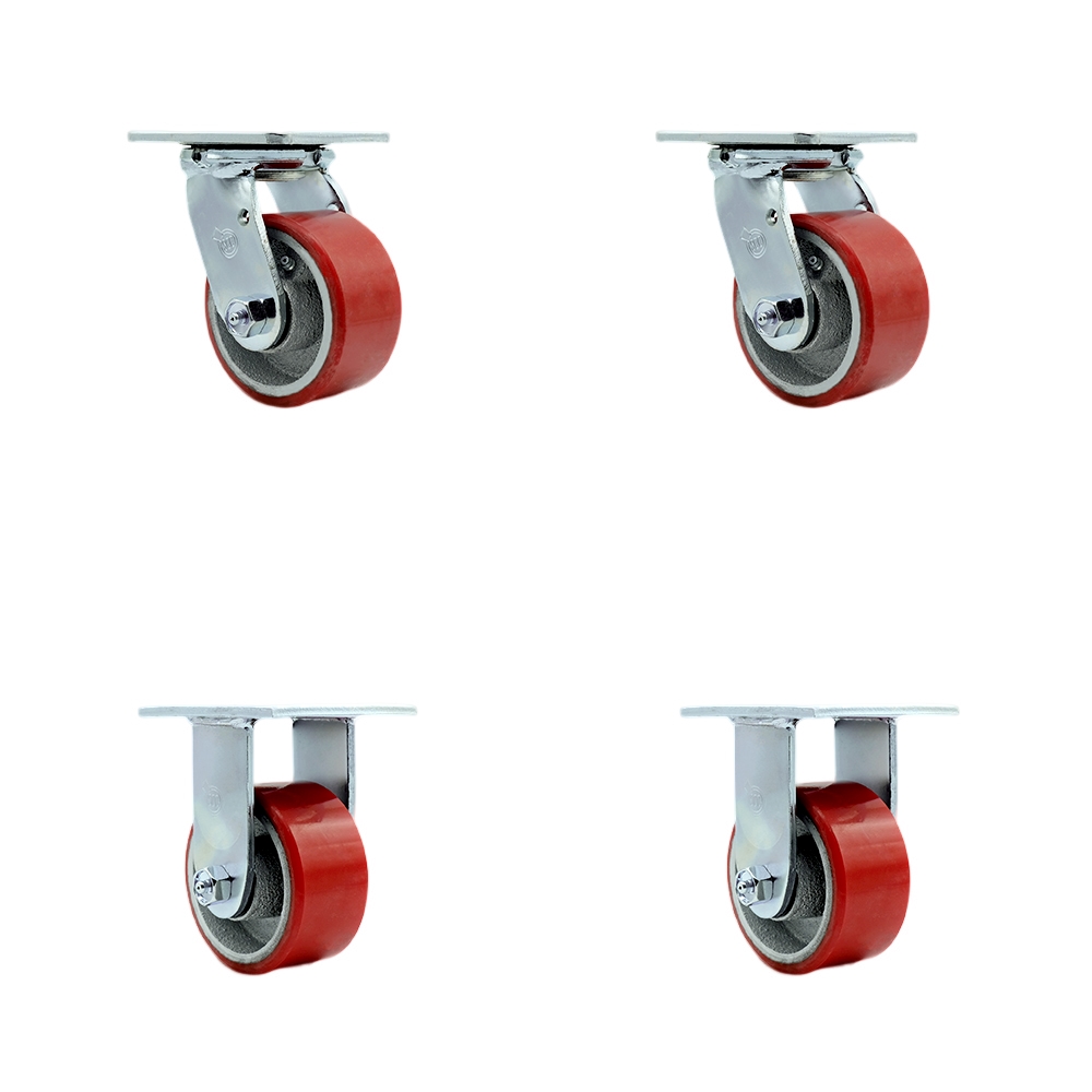 Replacement Set for Hippo Hopper Casters PC4-2-SET - Top Plate Caster with 4 in. Red Polyurethane on Cast Iron Wheel - 2800 lbs Total Capacity