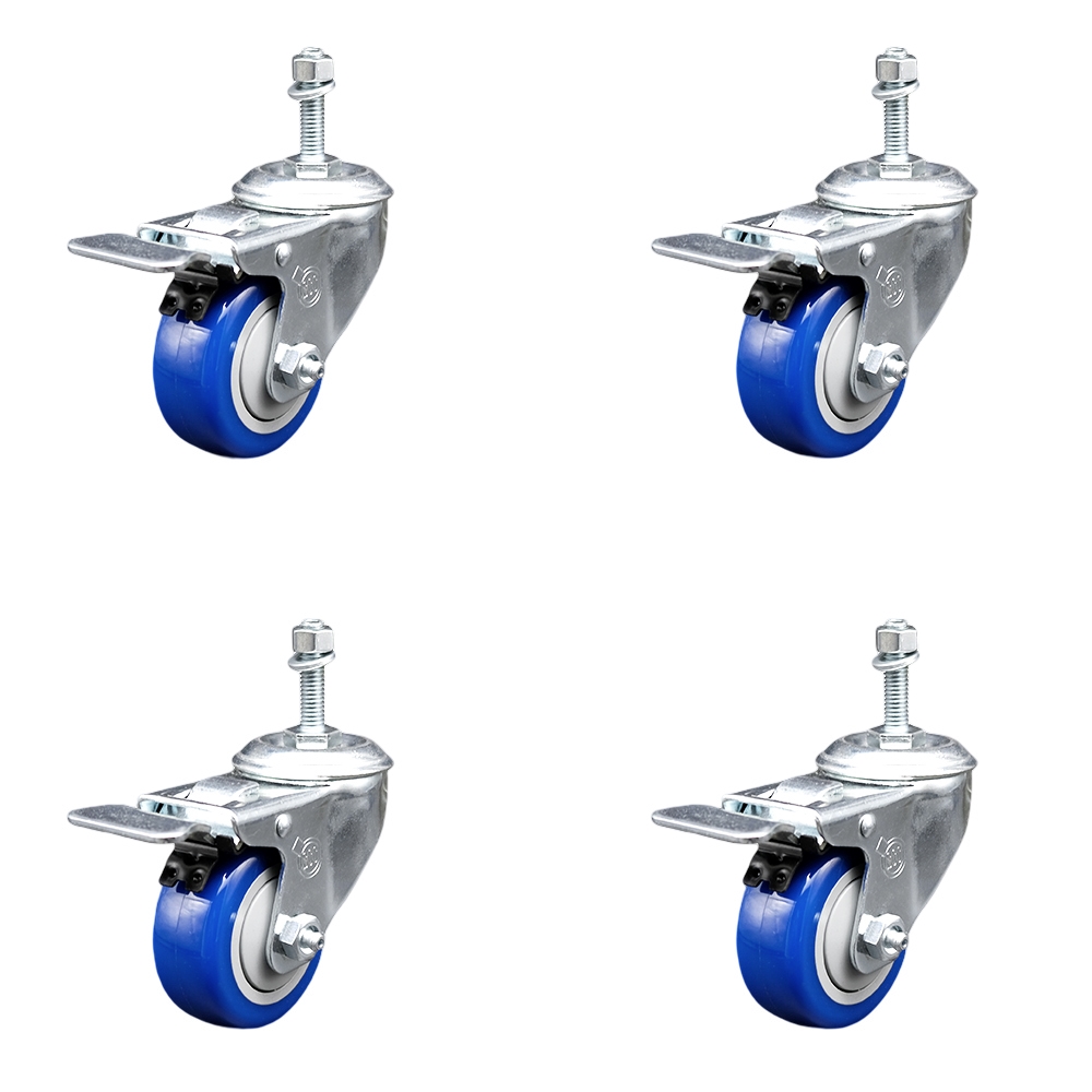 Replacement Set for Laguna Casters - Swivel 0.375 in. Threaded Stem Casters with 3 in. Blue Polyurethane Wheels & Total Lock Brakes