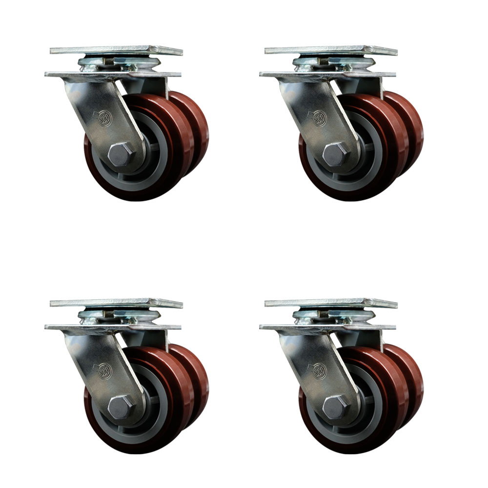 SCC-DW30CS420-PPUB-4 Heavy Duty Swivel Caster with Dual 4 in. Polyurethane Wheels & Ball Bearings - 4800 lbs Total Capacity - Set of 4