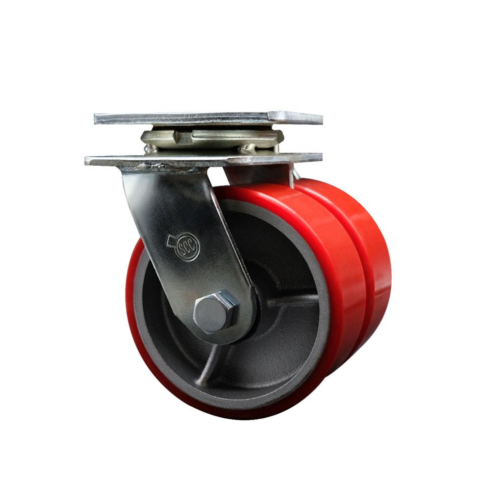 Heavy Duty Swivel Top Plate Caster with Dual 5 in. Red Polyurethane on Cast Iron Wheels & Ball Bearings - 1250 lbs Capacity per Caster