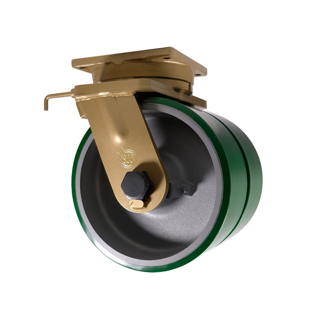 12 in. Dual Wheel Swivel Polyurethane Caster - Green Polyurethane Wheels with Tapered Bearings & Welded on Swivel Lock - Super Heavy Duty Caster