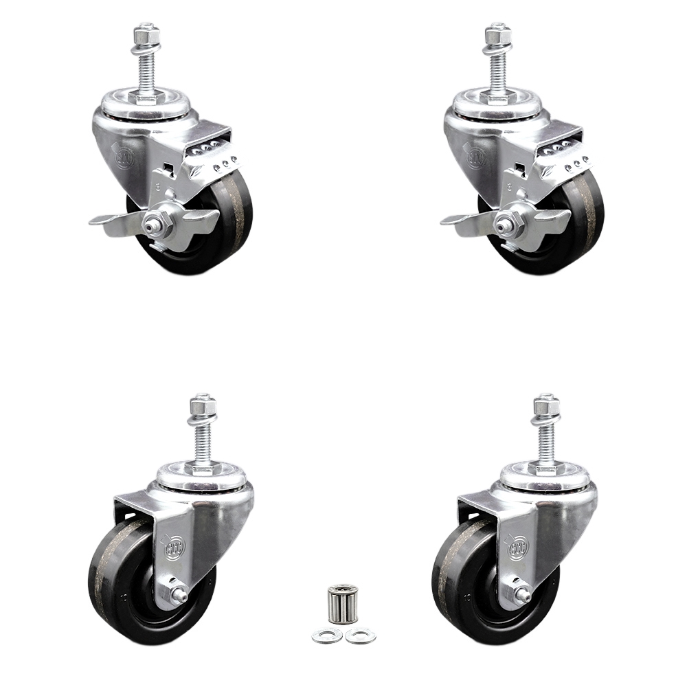 SCC-TS20S314-PHR-381615-2-TLB-2 Phenolic Swivel Threaded Stem Caster with Roller Bearing 3 x 1.25 in. Black Wheels & 0.38 in. Stems - Set of 4
