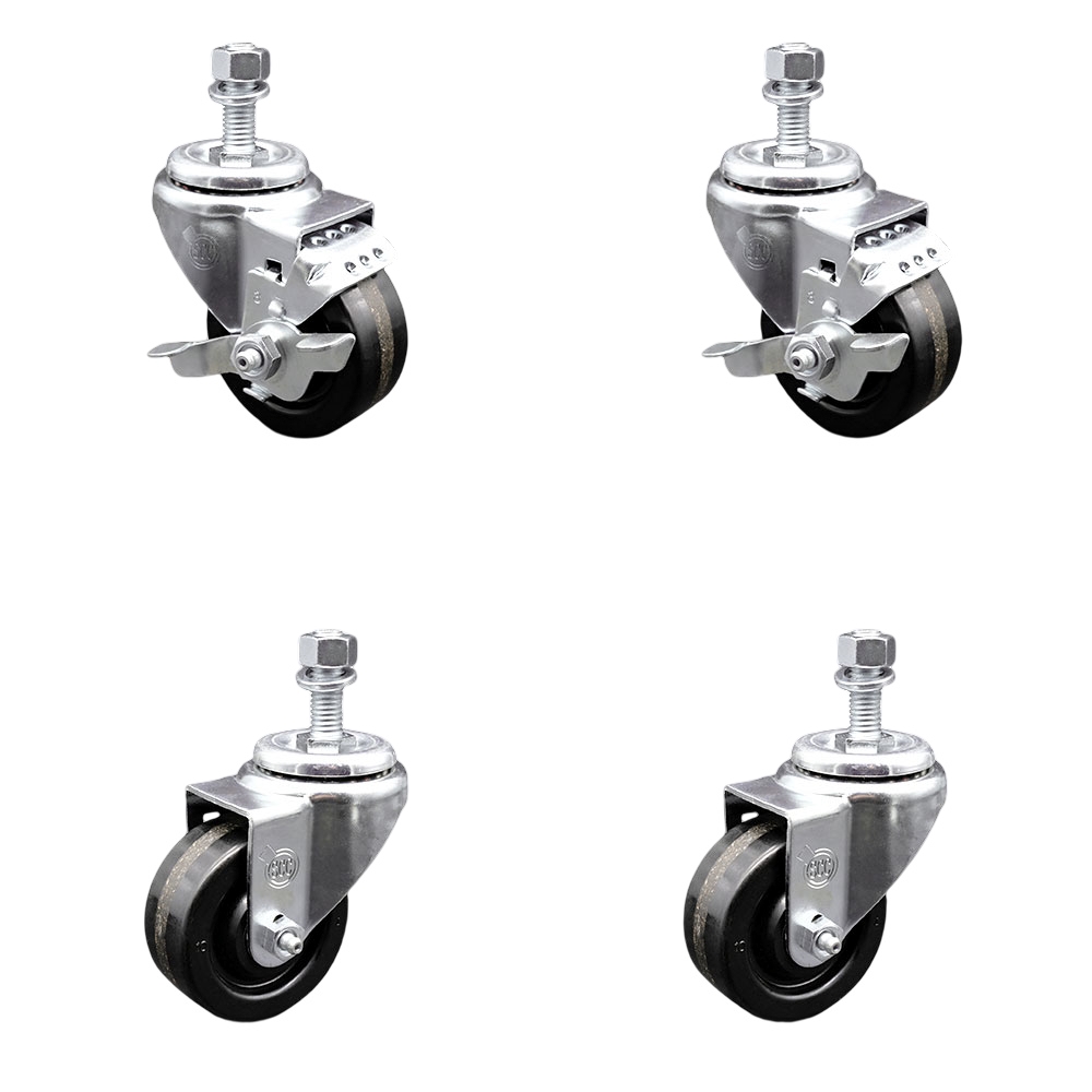 SCC-TS20S3514-PHR-M1215-2-TLB-2 Phenolic Swivel Threaded Stem Caster with Roller Bearing 3.5 x 1.25 in. Black Wheels & 12 mm Stems - Set of 4