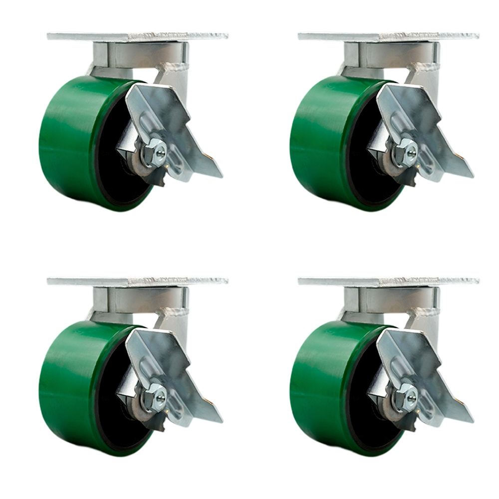 Extra Heavy Duty 6 x 3 in. Green Poly on Cast Iron Swivel Caster Set for Cranes, Gantries, Hoists & Winches - Set of 4 - 2000 lbs per Caster