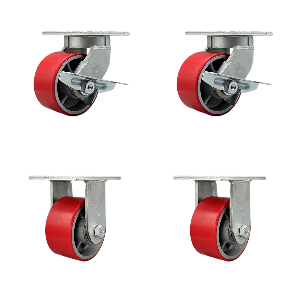 Extra Heavy Duty 6 x 3 in. Red Poly on Cast Iron Swivel Caster Set for Cranes, Gantries, Hoists & Winches - Set of 4 - 2000 lbs per Caster