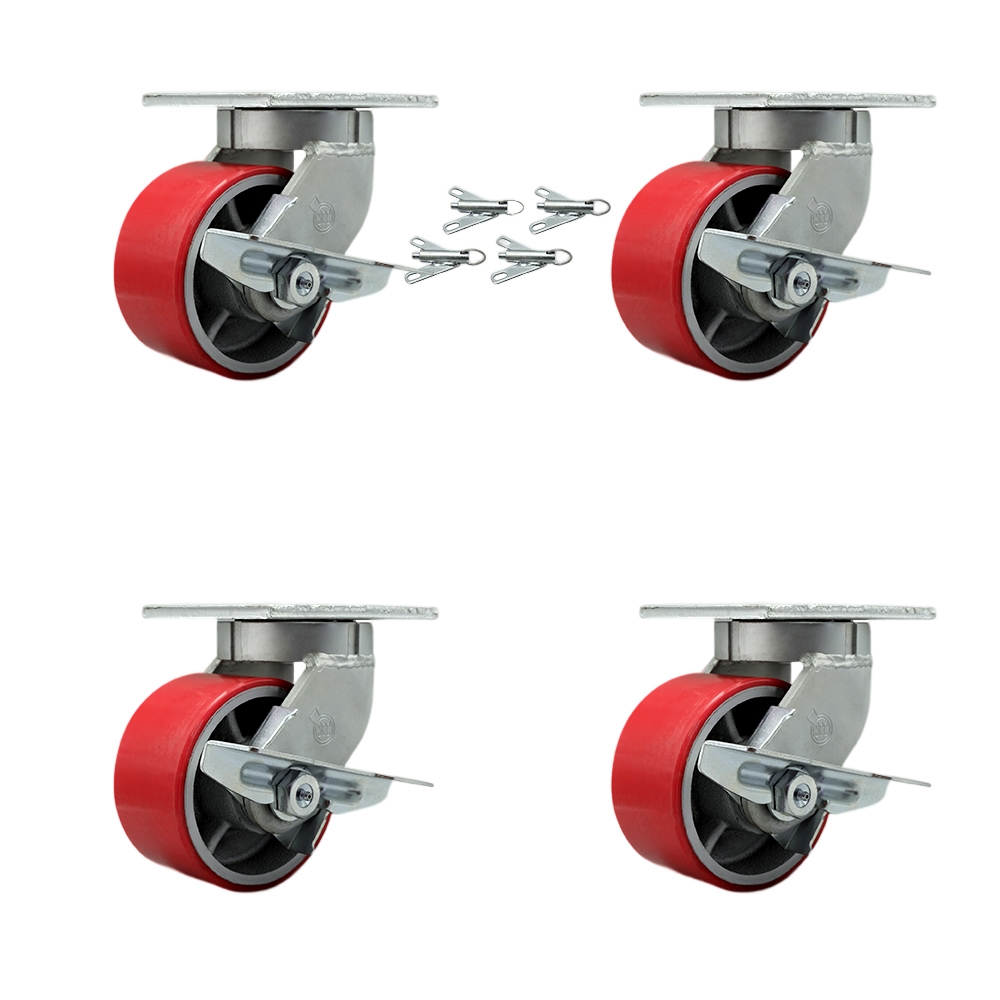 Extra Heavy Duty 6 x 3 in. Red Poly on Cast Iron Swivel Caster Set for Cranes, Gantries, Hoists & Winches - Set of 4 - 2000 lbs per Caster