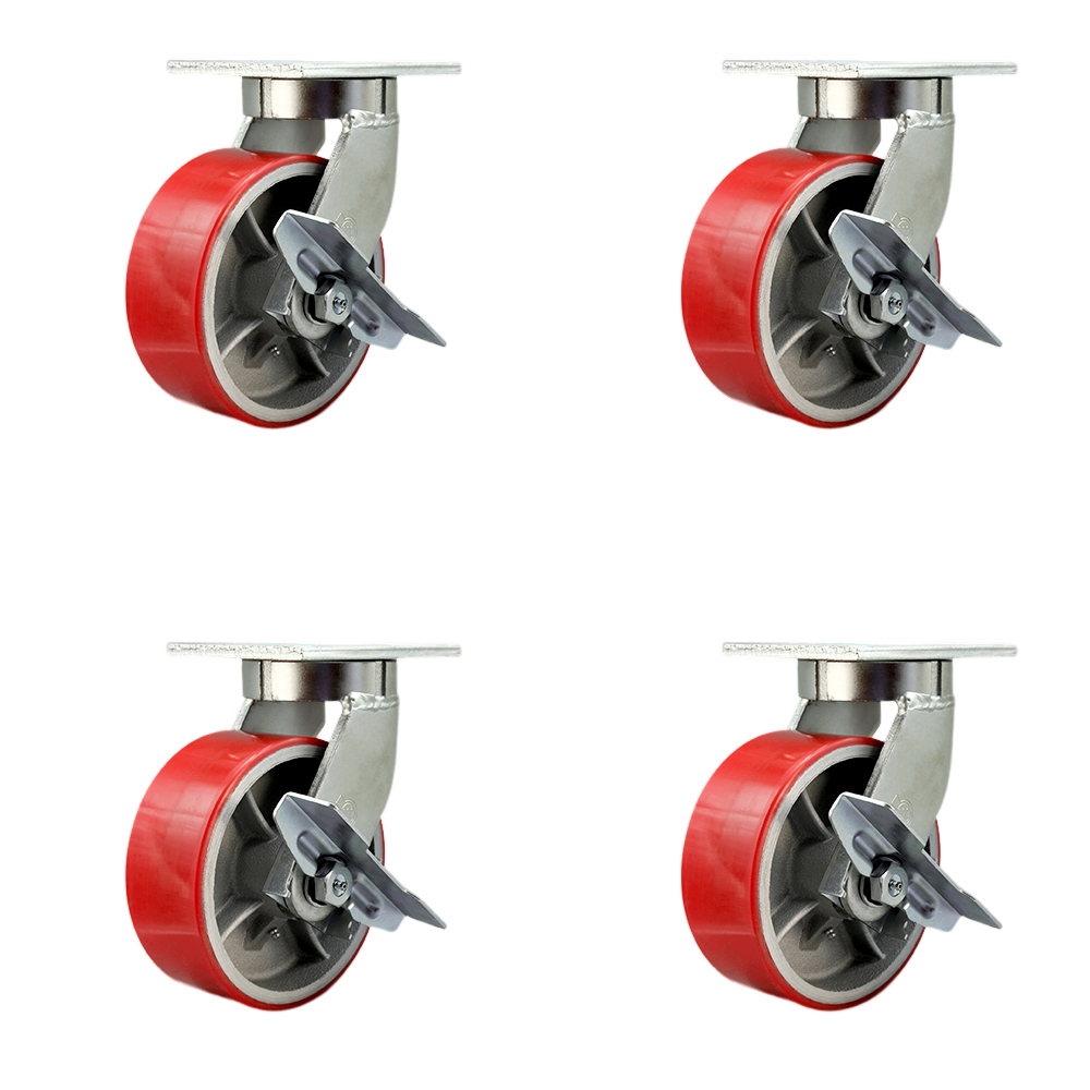 Extra Heavy Duty 8 x 3 in. Red Poly on Cast Iron Swivel Caster Set for Cranes, Gantries, Hoists & Winches - Set of 4 - 2500 lbs per Caster