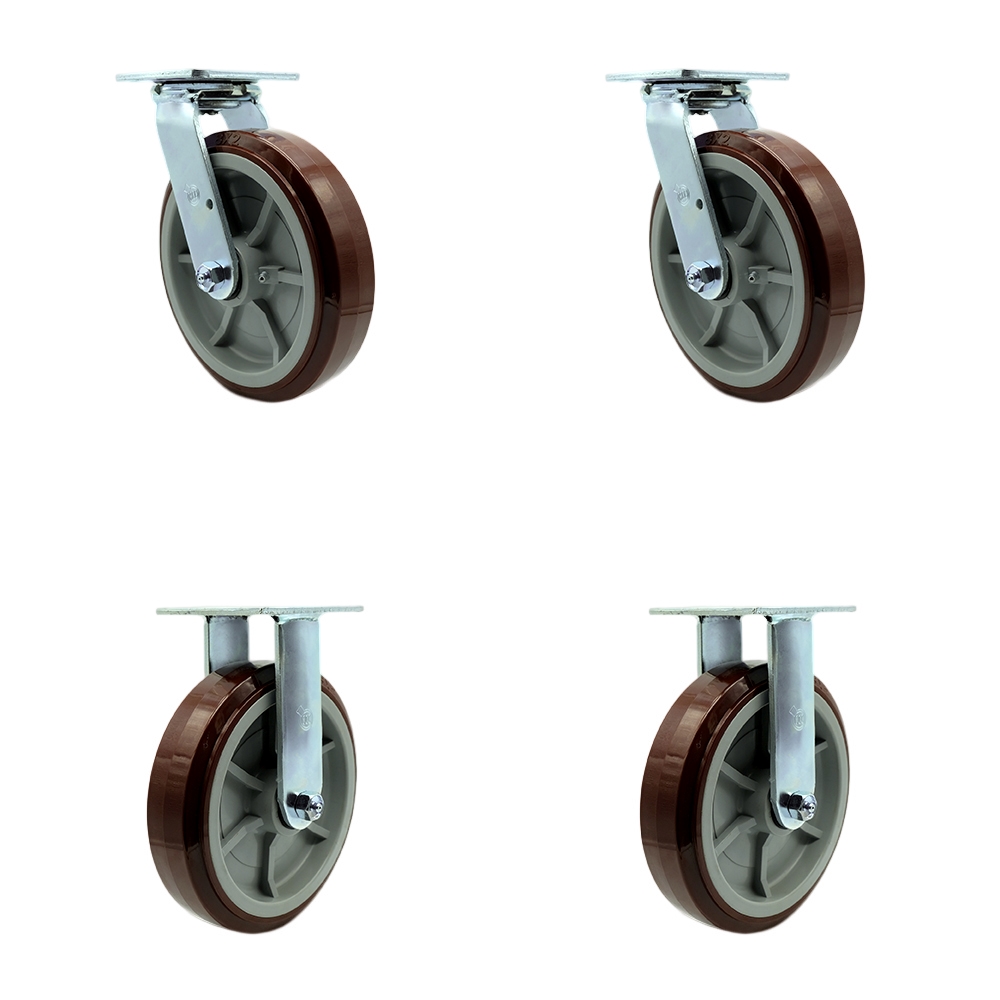Replacement Caster Set for Magliner Platform Truck & U-Boat Caster Set 86152-Polyurethane Swivel Top Plate Caster Set with 8 in. Maroon Wheel
