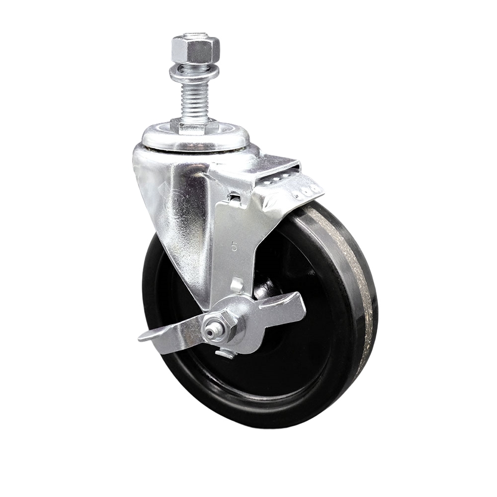 SCC-TS20S514-PHR-TLB-121315 Phenolic Swivel Threaded Stem Caster with Roller Bearing 5 x 1.25 in. Black Wheel & 0.5 in. Stem & Top Locking Brake