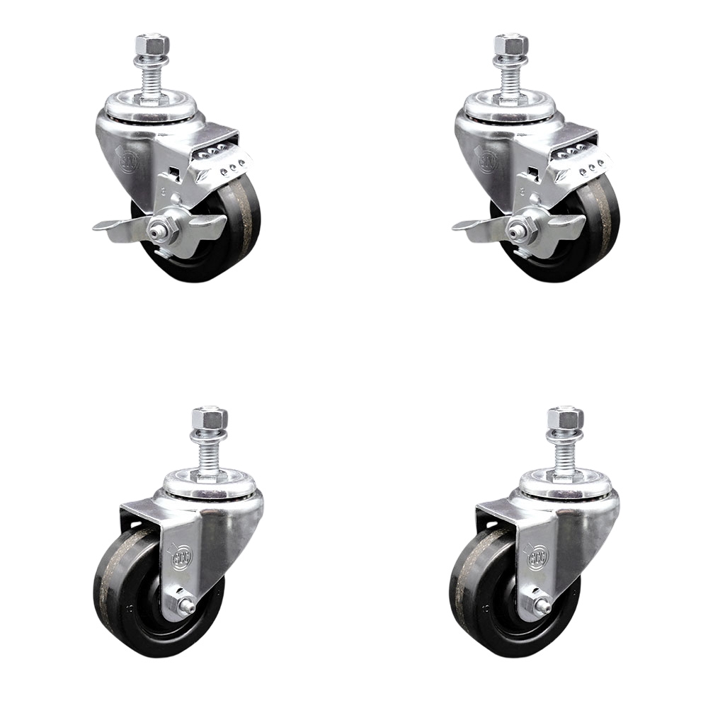 SCC-TS20S3514-PHS-121315-2-TLB-2 Phenolic Swivel Threaded Stem Caster with 3.5 x 1.25 in. Black Wheels & 0.5 in. Stems - Set of 4