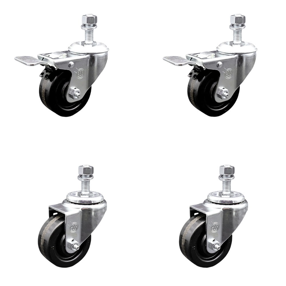 SCC-TSTTL20S3514-PHS-M1215-2-S-2 Phenolic Swivel Threaded Stem Caster with 3.5 x 1.25 in. Black Wheels & 12 mm Stems - Set of 4