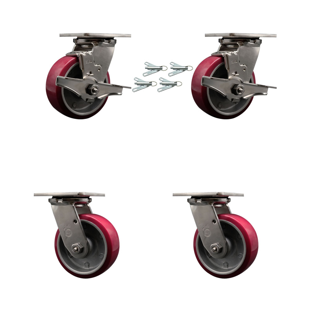 SCC-SS31630S520-PAB-TLB-BSL-2-BSL-2 316 Stainless Steel Heavy Duty Swivel Caster Set with 5 in. Poly on Aluminum Wheels & Ball Bearing